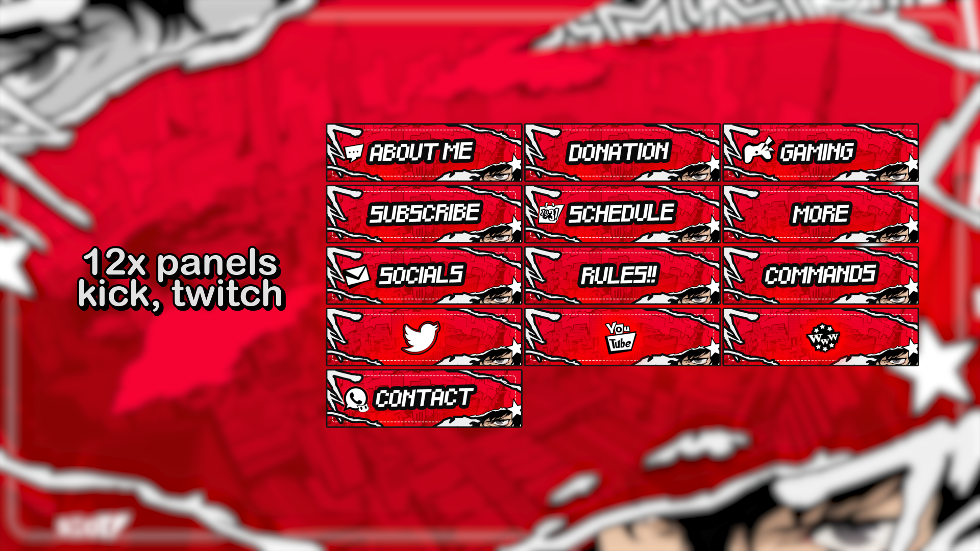 Panel grid for stream overlay with About Me, Donation, Gaming, Subscribe, and more